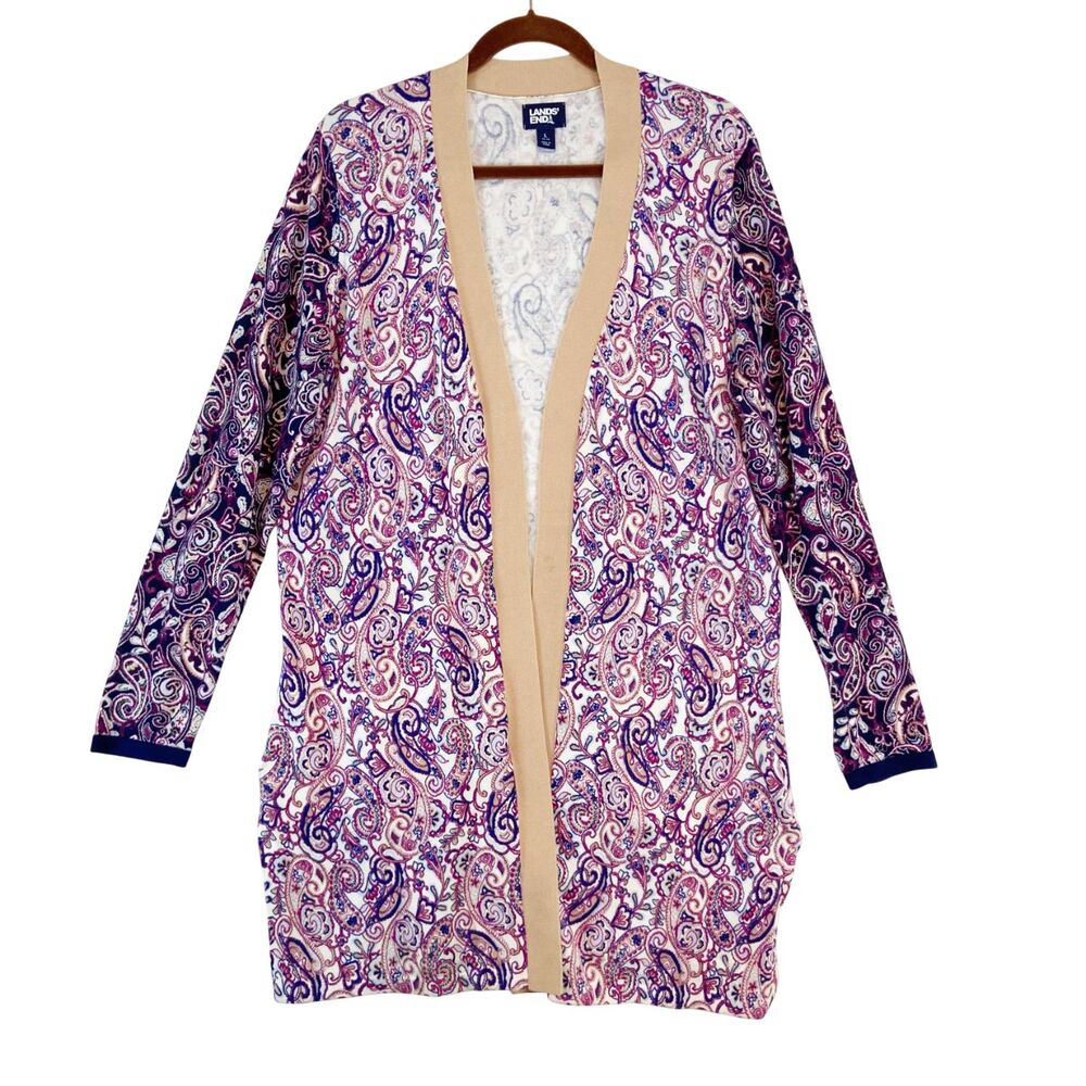 Lands End Long Line Cardigan Sweater Women's Large 14-16 Paisley Open Front - Picture 2 of 8